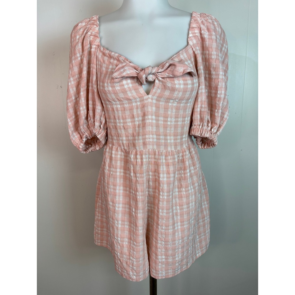 Topshop Romper Size 4 Pink Plaid Puff Sleeve Tie Front Smocked Back Womens